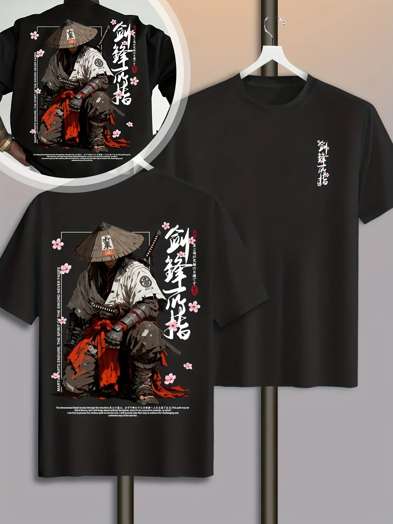 Summer Men's Japanese-style Ink-wash Samurai Pattern Casual Sports Street Style Trendy Short-sleeved T-shirt Soft Breathable