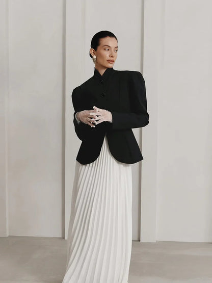 French Style Elegant Retro Stand Collar Black Suit Autumn Winter New Temperament Commute Puff Sleeve Slim Female Coat Tops Trend