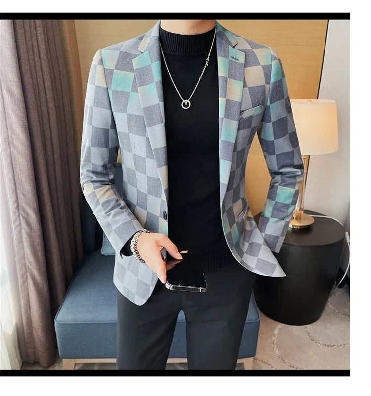Brand Luxury Plaid Suit Jacket for Men 2023 Autumn Casual Blazer Masculino Fashion Slim Business Wedding Groom Social Dress Coat