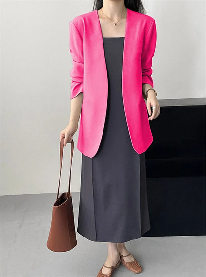 Fashion New Solid Casual Joker Women's Blazer Spring Autumn No Placket Cardigan Suit Jackets V-neck Long Sleeve 19-Color Coats