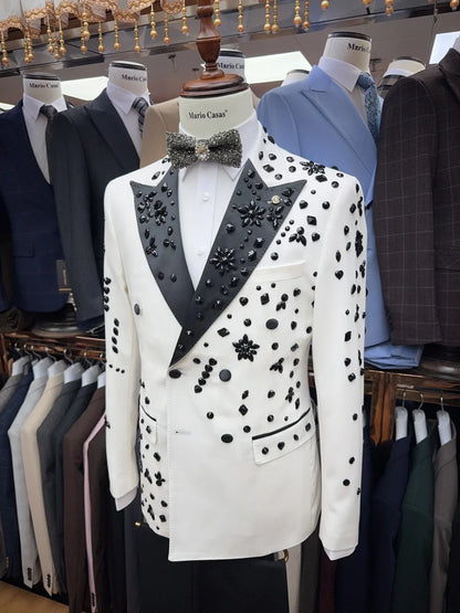 Textured Two Pieces Beaded Men's Suit Popular Party Date Tuxedo Crystals Celebrity Peak Lapel Delicate Groom Wear In Stock Set