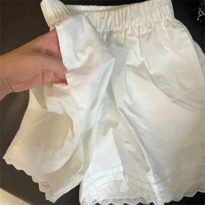 White Lace Trim Patchwork Casual Shorts for Women's High Waisted Wide Leg Vacation Beach Pants Loose Thin Bottoms Home Shorts