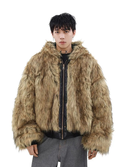 Luxury Vintage Short American Faux Fur Coat New Reversible Wear Hooded Warm Pu Leather Jacket Winter Thick Chic Outerwear New