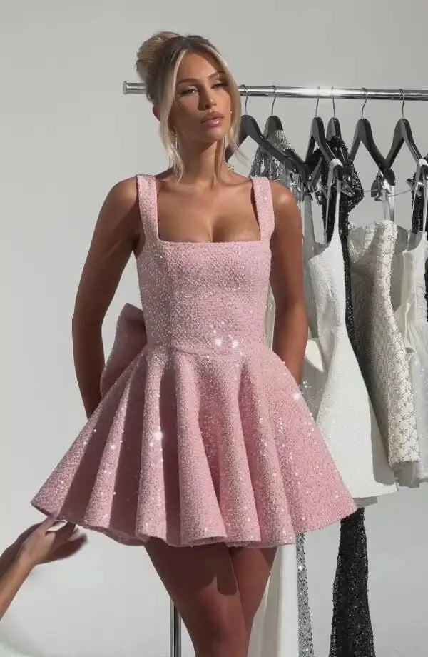 Square Collar Sequin Back To School Dress Spaghetti Strap Cocktail Gown Bow, Backless Elegant Princess Birthday Party Dance Gown