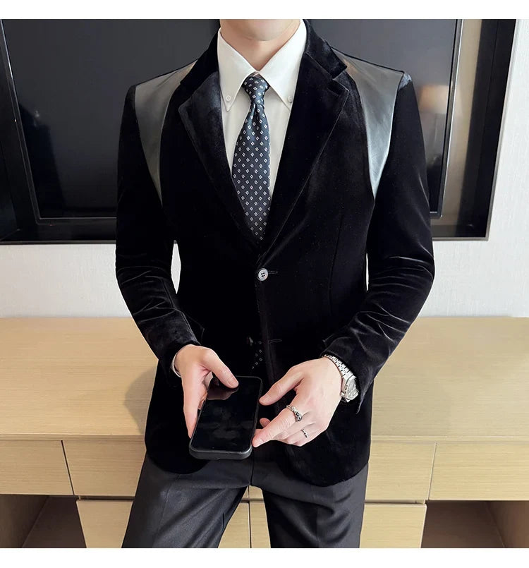 Autumn Winter New Men Mercerized Velvet Slim Fit Suit Coats Fashion Leather Splicing Casual Business Formal Party Tailcoat 4XL-M