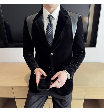 Autumn Winter New Men Mercerized Velvet Slim Fit Suit Coats Fashion Leather Splicing Casual Business Formal Party Tailcoat 4XL-M