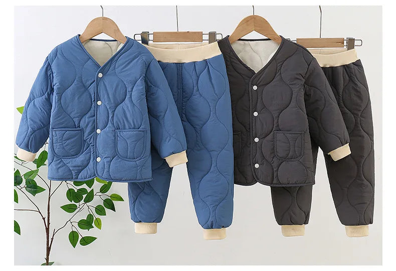 Autumn Winter Baby Kids Jackets+Pants Sets Thicken Boys Girls Coat Trousers Warm Windproof Clothes Suit For Children Home Wear