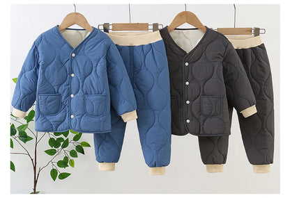 Autumn Winter Baby Kids Jackets+Pants Sets Thicken Boys Girls Coat Trousers Warm Windproof Clothes Suit For Children Home Wear