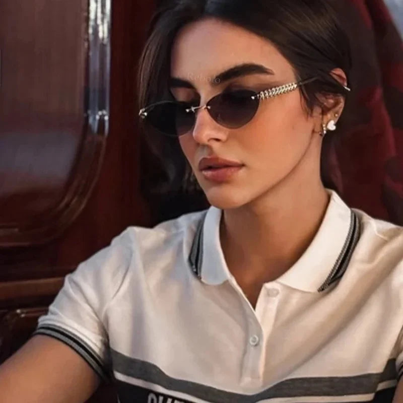 2026 Cat Eye Rivet Rimless Sunglasses Women Luxury Fashion Brand Oval Narrow Sun Glasses Shades Trendy Elegant Unique Eyewear