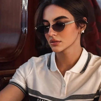 2026 Cat Eye Rivet Rimless Sunglasses Women Luxury Fashion Brand Oval Narrow Sun Glasses Shades Trendy Elegant Unique Eyewear