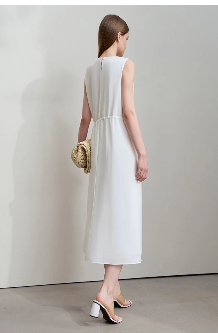 Minimalism Dresses 2025 Summer Vocation Women Loose Long Dresse Sleeveless High Waist Design Bead Drawstring Dress 12542177
