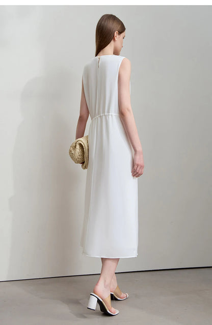 Minimalism Dresses 2025 Summer Vocation Women Loose Long Dresse Sleeveless High Waist Design Bead Drawstring Dress 12542177