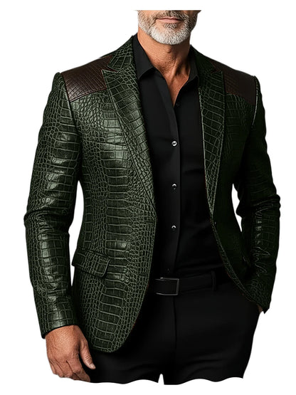 Men's Crocodile Pattern Leather Blazer Patchwork PU Leather Suit Jacket Notched Lapel Slim Fit Business Casual Coat Outerwear