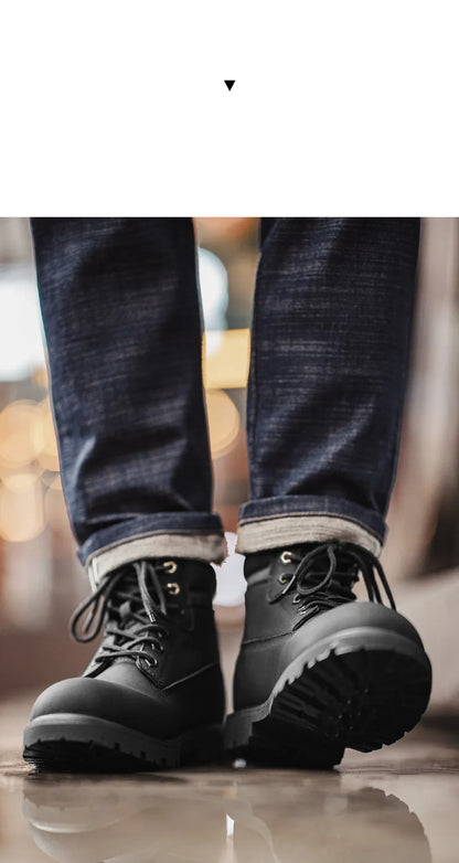 Men's Versatile Black Boots Plush Lining Warmth Shoes Retro Non-Slip Thick Sole Work Boots Outdoor Casual Mid-Calf Boots