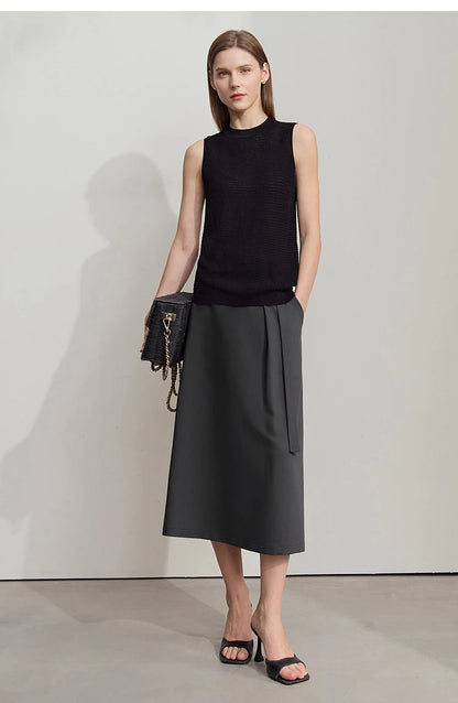Minimalist Knee length Skirt Women Pleated A-line Loose Dress Elegant Commuting Style Belt Decoration Skirts 12522074