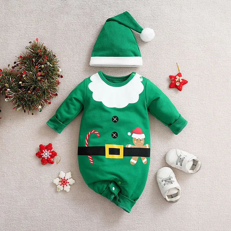 Prowow 0-18M Baby Christmas Costume Cartoon Deer Jumpsuit With Santa Hat Christmas Baby Romper For Newborn New Year Costume