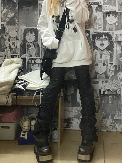Goth Lolita Black Pants Casual Flare Stacked Jeans Women Stretchy High Waist Trousers 2000s Y2K Grunge Emo Streetwear