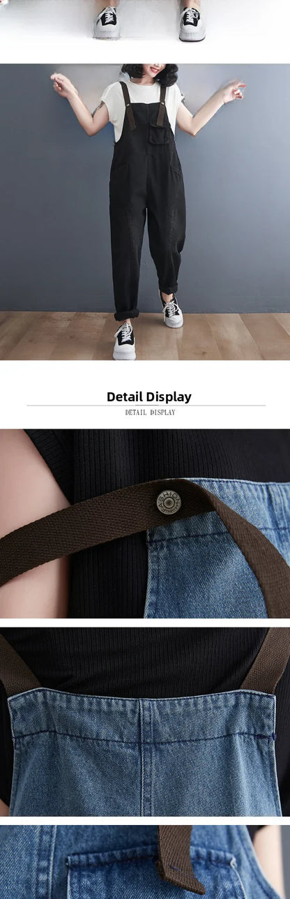 Loose Women's Denim Overalls Faionable Spring Summer High Waist Long Pants Thermal Properties Deep Color Korean Sle