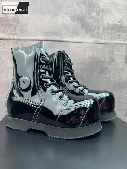 High Street Mens Round Tote High Top Cowhide Genuine Leather Ankle Boots Punk Style Stage Show Shoes Platform Work Safty Shoes