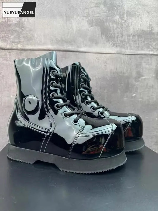 High Street Mens Round Tote High Top Cowhide Genuine Leather Ankle Boots Punk Style Stage Show Shoes Platform Work Safty Shoes