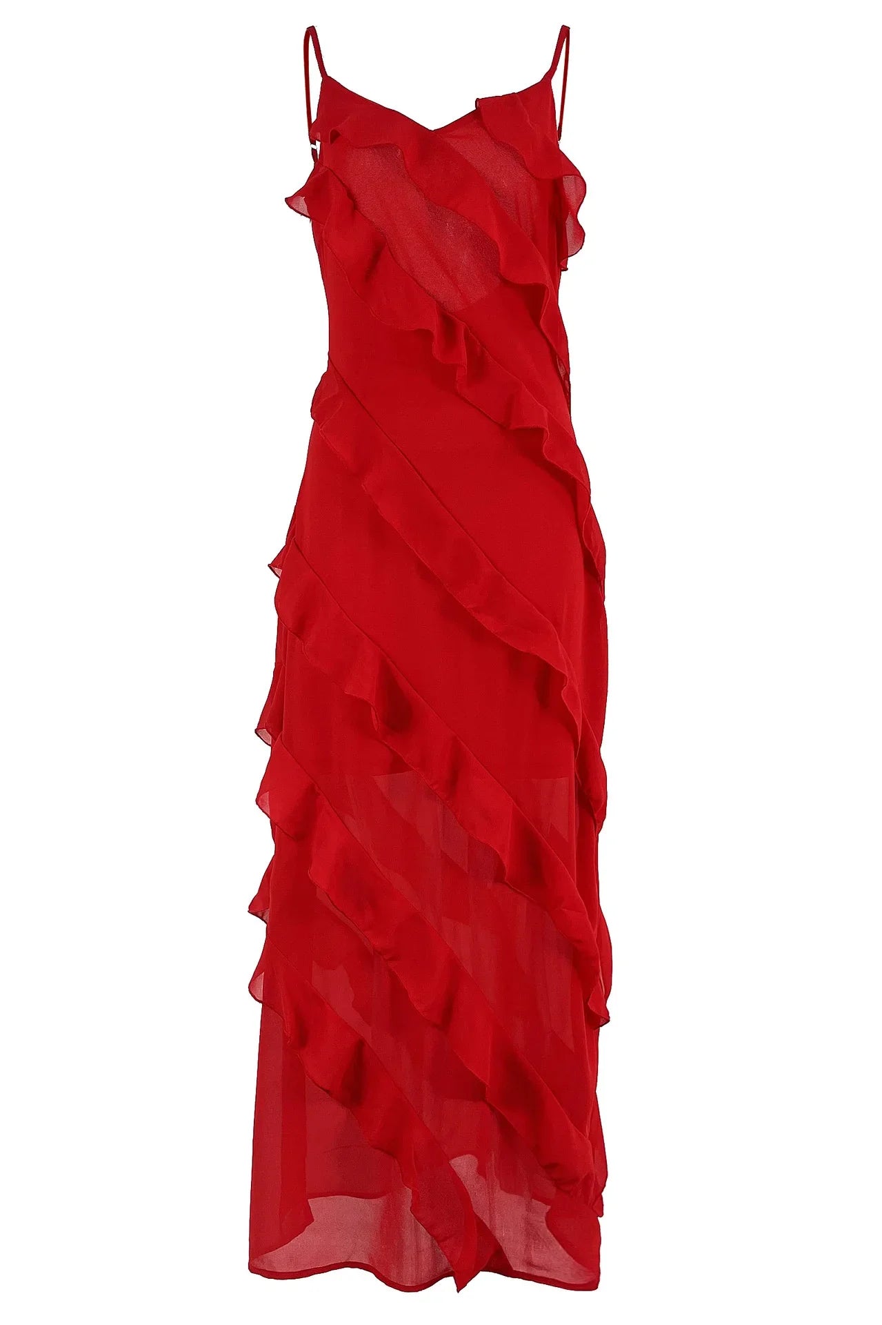2024 Summer Fashion New Elegant Women's Sexy Chiffon Vacation Style Sling Dress with Ruffle Edge Style Long Dress