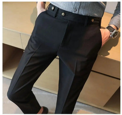 Pure Color Male Business Wedding Dress Pants Fashion Unique Design Men Waist Adjustable Suit Pant No Belt Slim Trousers Homme