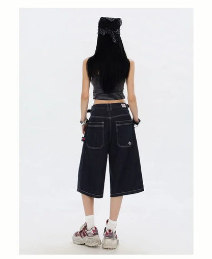 American High Street Fashion Loose Denim Shorts Retro Wide Leg Crop Pants Women Y2k High Waisted Embroidery Casual Mid Trouser