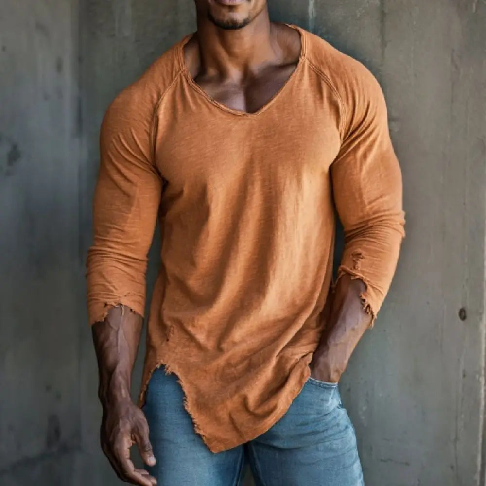 Men's Workout V-Neck T-Shirt,  Fitness Training Apparel, Fashion Distressed Ripped Craft on Cuffs and Hem,  Casual Outdoor