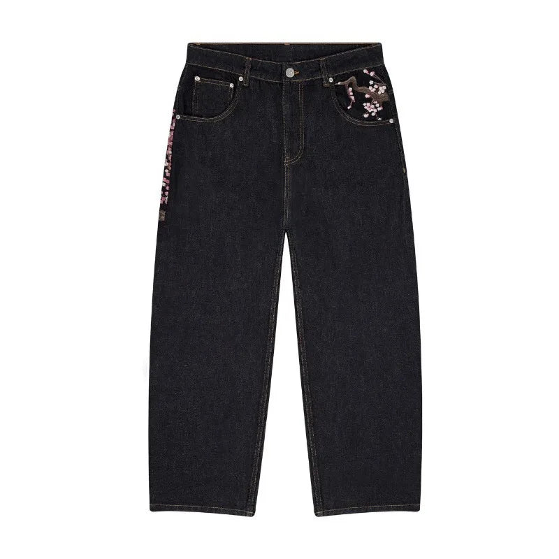 Autumn And Winter Men'S Jeans Japanese Korean Casual Straight Leg Pants Plum Blossom Embroidered Street Jeans Y2k Baggy Pants