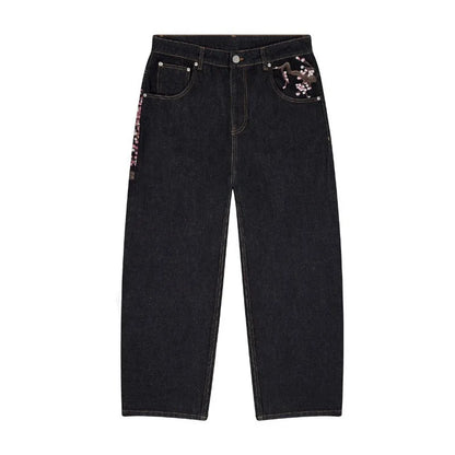 Autumn And Winter Men'S Jeans Japanese Korean Casual Straight Leg Pants Plum Blossom Embroidered Street Jeans Y2k Baggy Pants