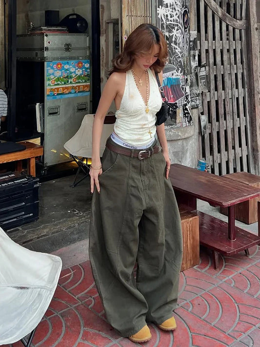 Boyfriend Barrel Jeans Women Men Vintage Patchwork Seam Low Rise Extra-wide Leg Pants Long Trousers Hip Hop Streetwear