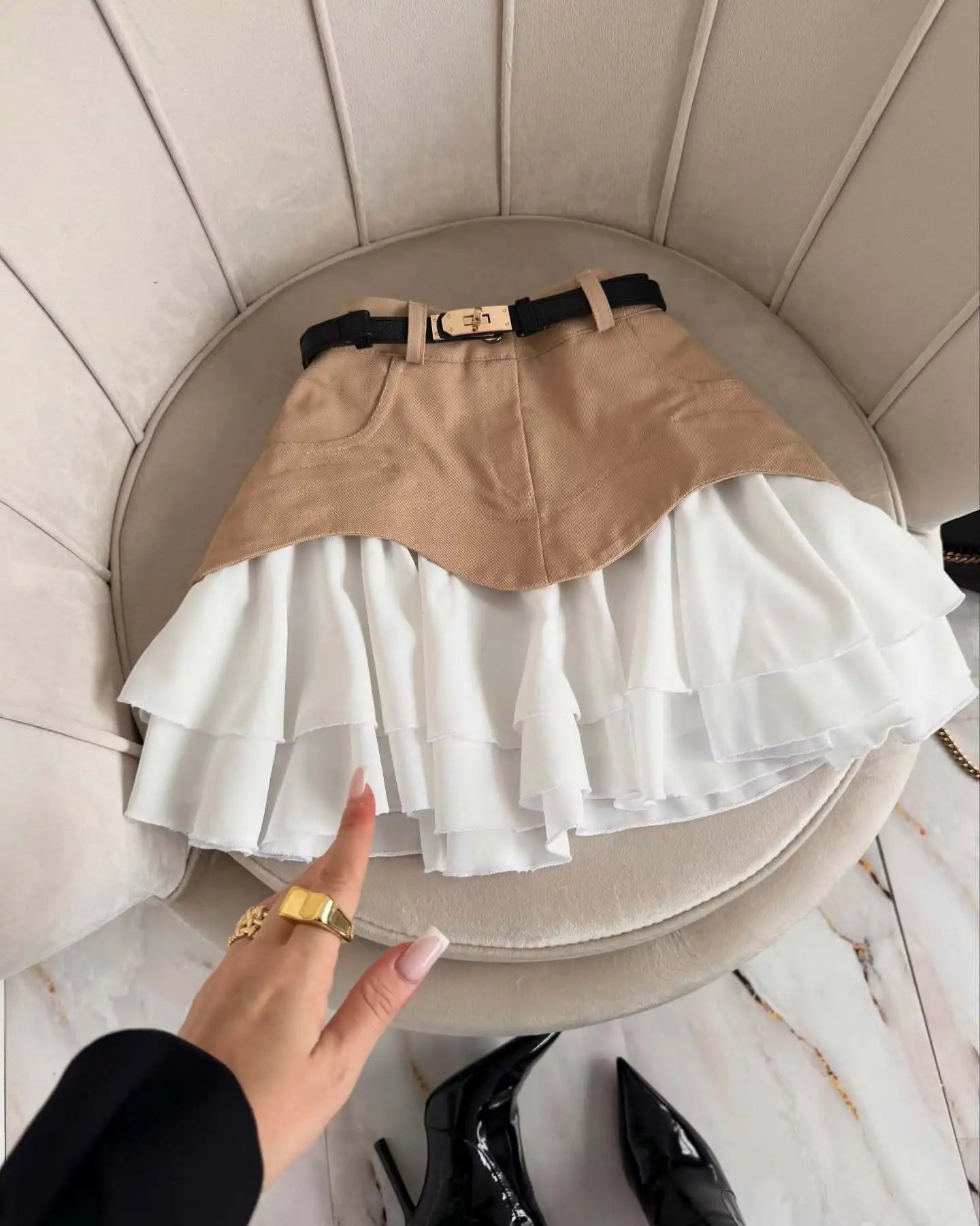 Denim Cake Skirt Women A Line Short Skirts High Waist Ruffles Elegant Splice Y2k Streetwear Party Pleated Slim Fit 2025 Spring