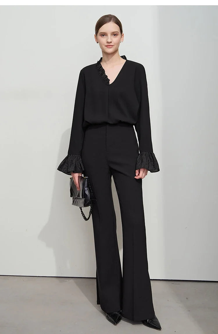 Minimalist Chiffon Shirt For Women 2025 Autumn New Office Lady V-neck Ruffle Splicing Loose Long Sleeved Blouse 12511078