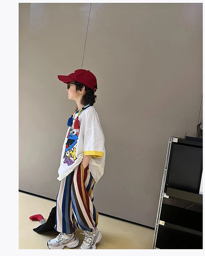 Summer Boys Cotton Contrast Cartoon T-Shirt Tops+Loose Colored Stripes Pant Set School Kids Tracksuit Child 2PCS Outfit 5-16 Yrs