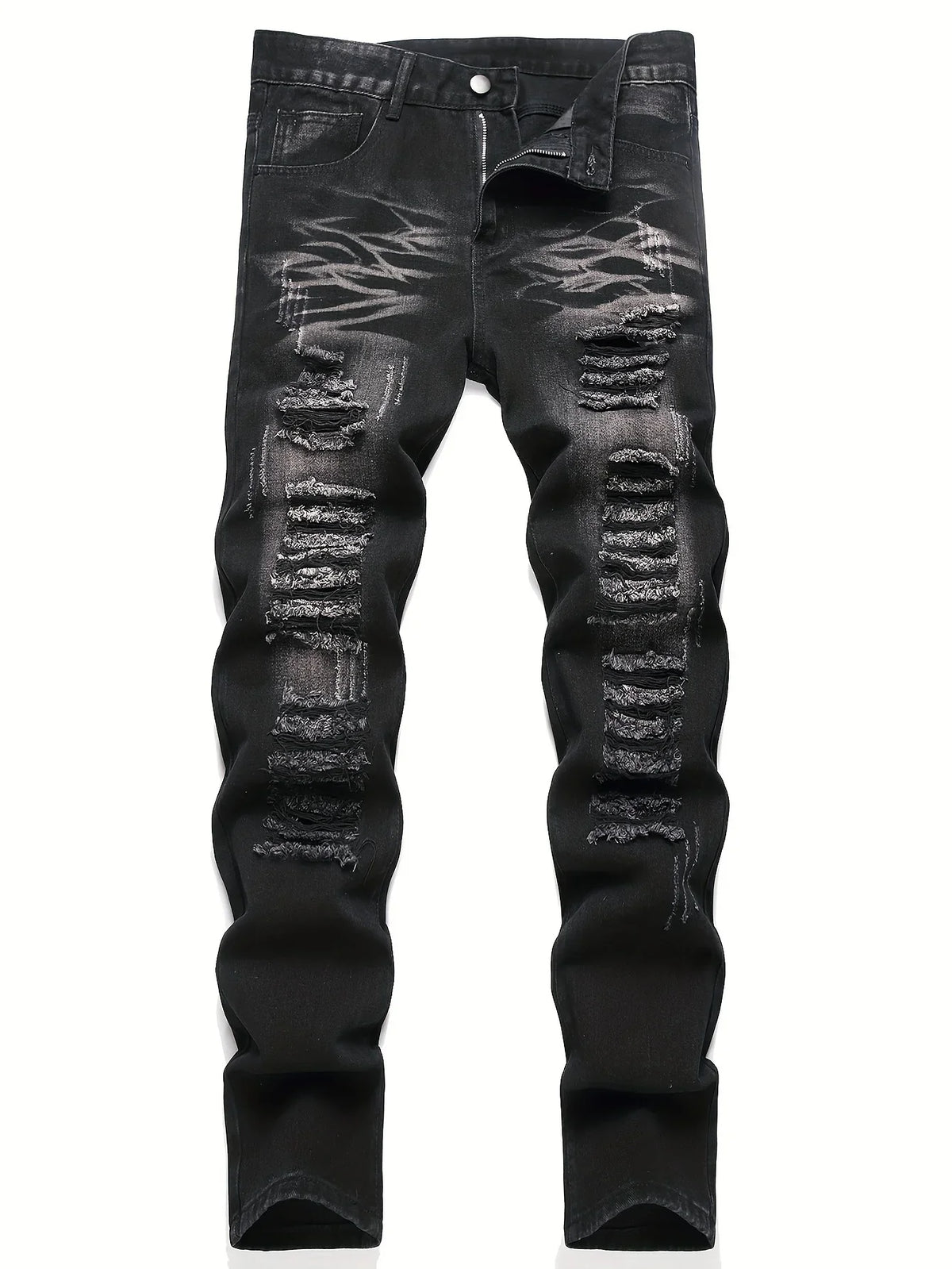 Men’s trendy streetwear: black ripped straight-leg jeans – an excellent gift for husbands or boyfriends.