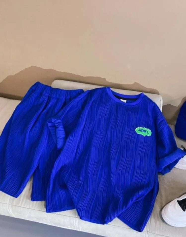 Klein Blue Wave Pattern Children's Clothes Boys T-shirt Boy Summer Set Suit Kids Toddler Clothing Sets From 4 Cotton Child Boy's