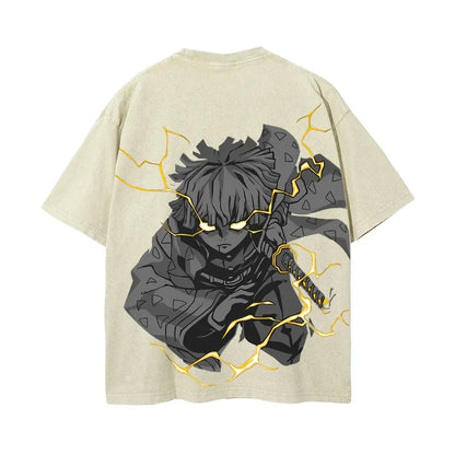 Demon Slayer Men's Women's Washed T-Shirt Zenitsu Agatsuma Summer Spring Anime Tee Retro Distressed High Quality Short Sleeve