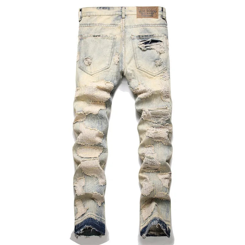 Summer Worn and Scratched Jeans Men's Small Feet Perforated Pockets Ragged Edges Long Pants Slim Fit Printing High Street Tide 2