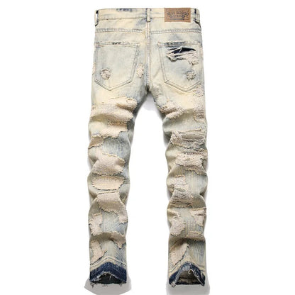 Summer Worn and Scratched Jeans Men's Small Feet Perforated Pockets Ragged Edges Long Pants Slim Fit Printing High Street Tide 2