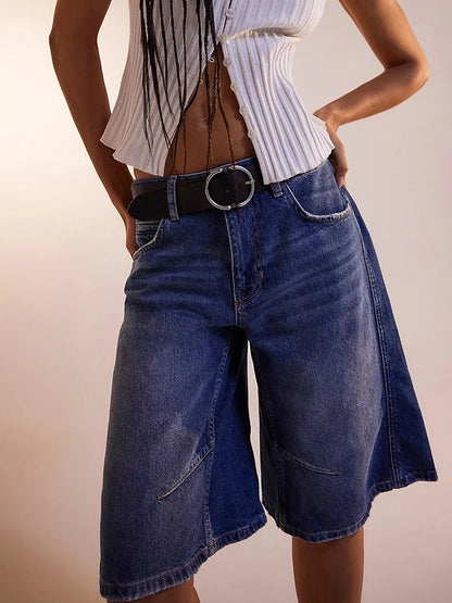 New Womens Knee Length Denim Shorts Solid Color Low Waist Wide Leg Jean Shorts For Summer Club Street Style S-2XL