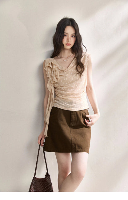 French Floral Lace Swing Neck Shirt For Women 2026 Summer New Pleated 3D Floral Ribbon Hazy Elegant Slim Top MXF24X2617