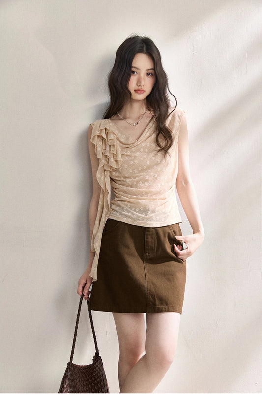 French Floral Lace Swing Neck Shirt For Women 2026 Summer New Pleated 3D Floral Ribbon Hazy Elegant Slim Top MXF24X2617