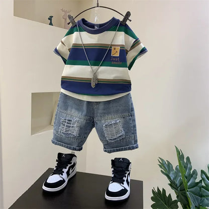 Korean Children's Summer Clothes Kids Set Outfits Boys 2026 Handsome Sleeveless&Short Sleeved T-shirt Denim Shorts 2-piece Set
