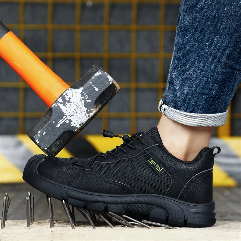 Black Leather Work Safety Shoes Waterproof Indestructible Steel Toe Cap Labor Shoes For Men Breathable Anti Smashing Sneakers