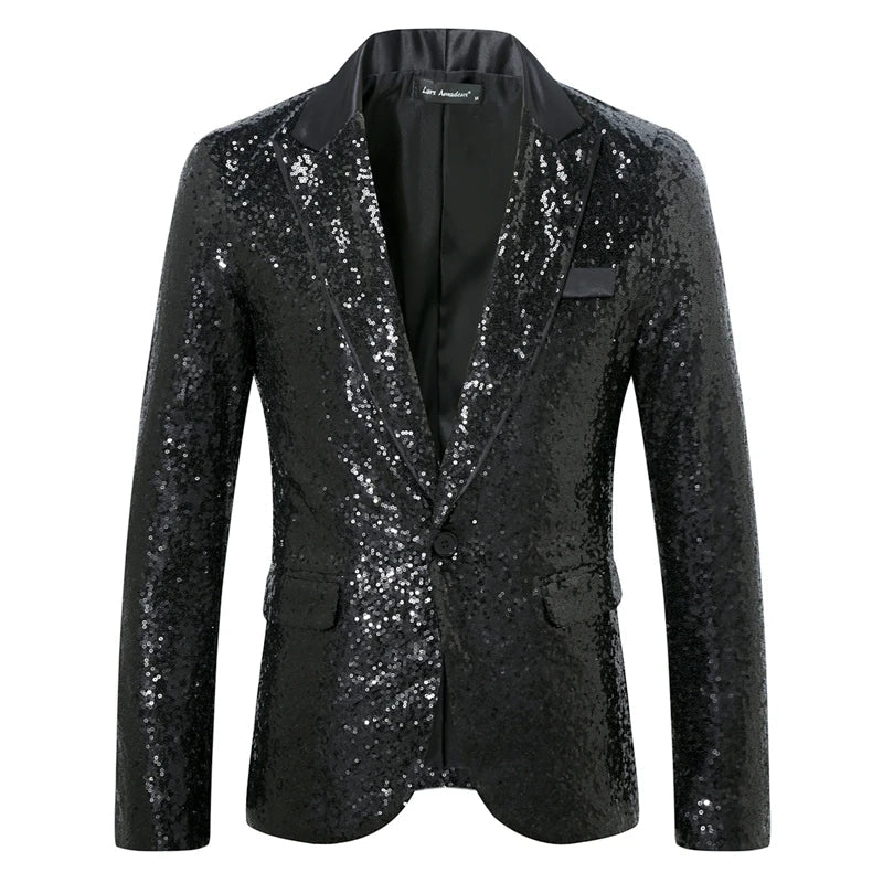 New Men Luxury Sequin Suit One Button Jacket Red / Black Fashion Singer Host Wedding Prom Party Stage Performance Dress Blazer