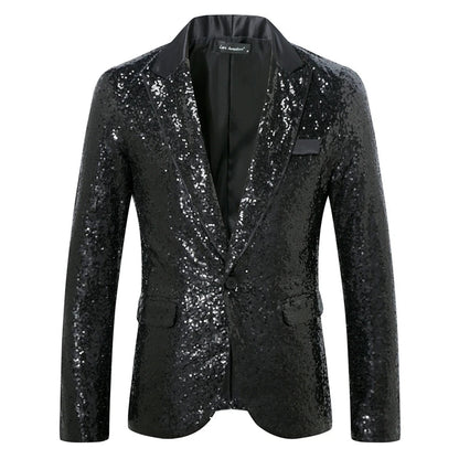 New Men Luxury Sequin Suit One Button Jacket Red / Black Fashion Singer Host Wedding Prom Party Stage Performance Dress Blazer