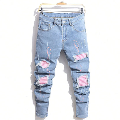 High Stretch Men's Ripped Jeans for Men Cool Skinny Slim Denim Pants Patchwork Hip Hop Black Blue Casual Jogging Trousers
