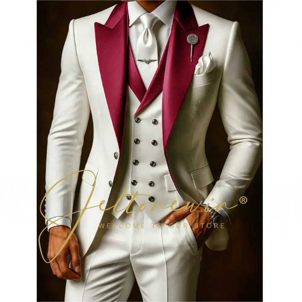 White Suits Set For Men Wedding Party Fashion Blazer Vest Pants Formal Groomsmen Tailor-made Male High Quality Groom Tuxedos