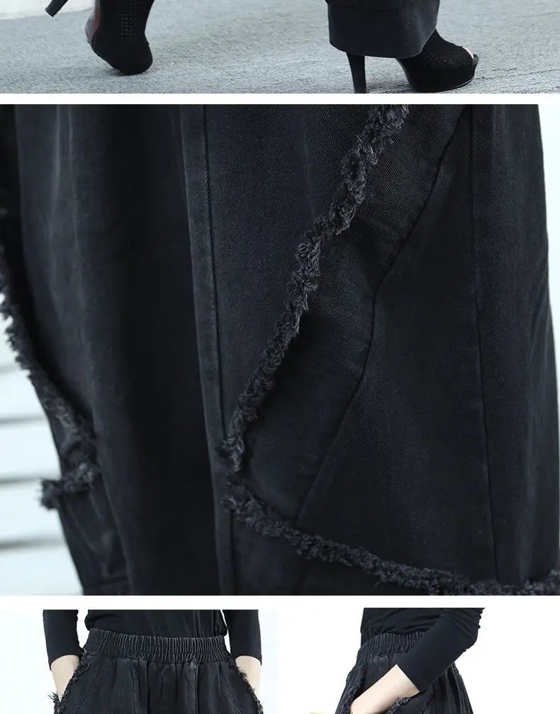 Black Wide-leg Jeans Harlan Pants Loose Fashion Casual Full Length High Waist Patchwork Print Pocket Jeans Women Clothes Spring