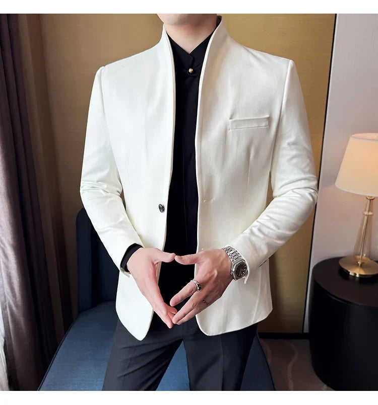New Blazer Cowhide Velvet Korean Version Business Slim Fit Suit Stand Collar Fashionable Casual Suit Jacket Men Formal Clothing